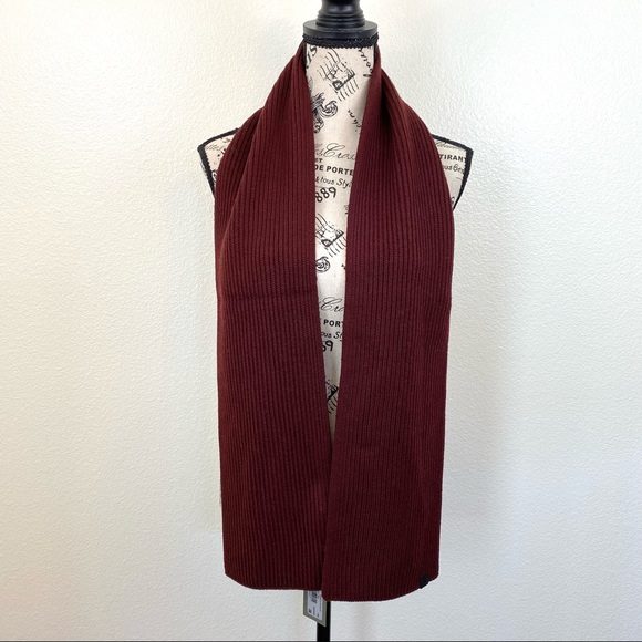 All Saints Narrow Rib Scarf Maroon Merino Wool - Picture 2 of 5